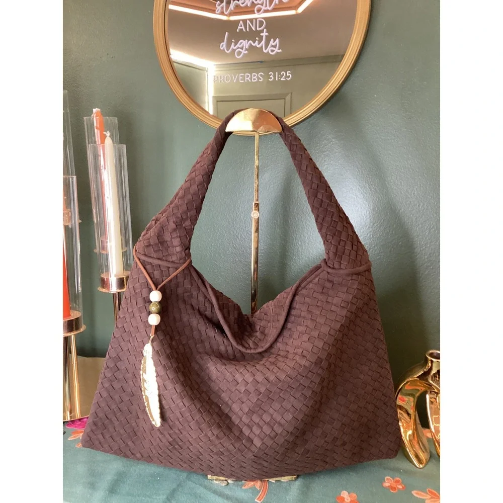 Luxury Faux Suede Woven Hobo Shoulder Bag Chocolate Brown Chic Everyday